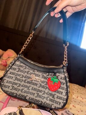Juicy Couture Black & Gray Logo Shoulder Bag with Red Strawberry Charm